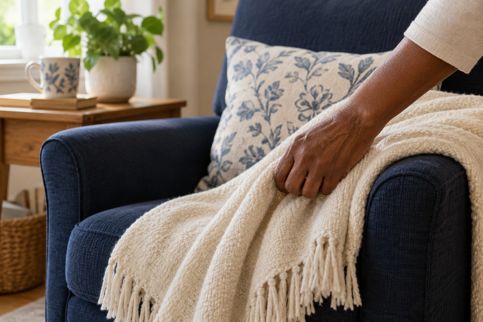 A hand gently straightening a cream throw on a navy chair