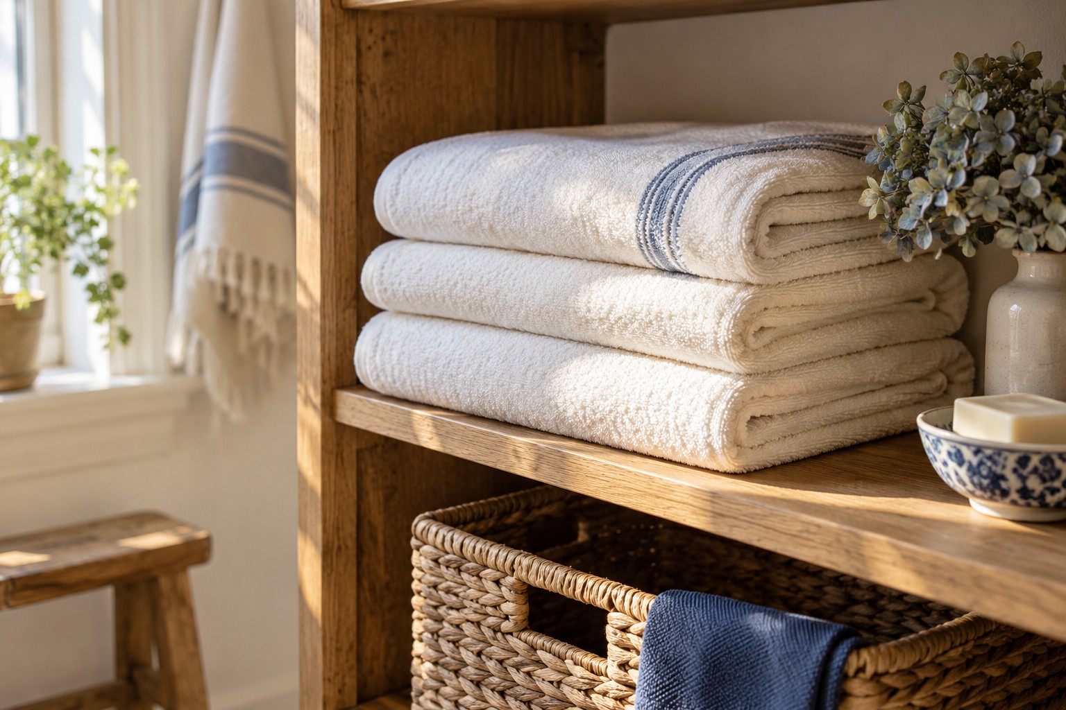 Neatly folded ivory towels on a sunlit wooden shelf
